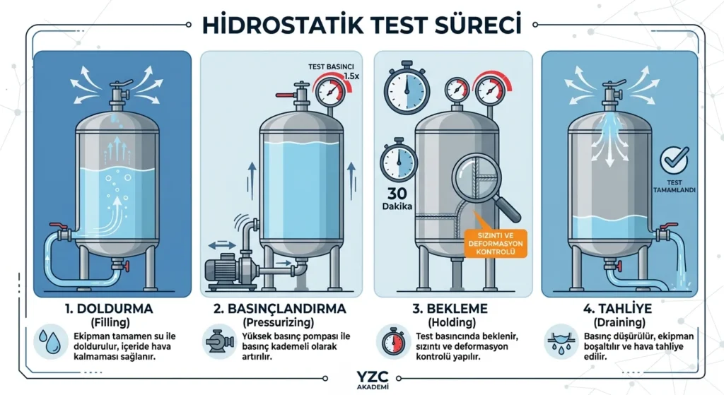 4 adımda hidrostatik test süreci: Doldurma, Basınçlandırma, Bekleme ve Tahliye şeması