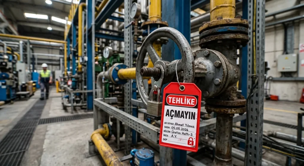 Periyodik kontrol öncesi enerji izolasyonu sağlayan "Tehlike - Açmayın" yazılı LOTO kilitleme etiketi