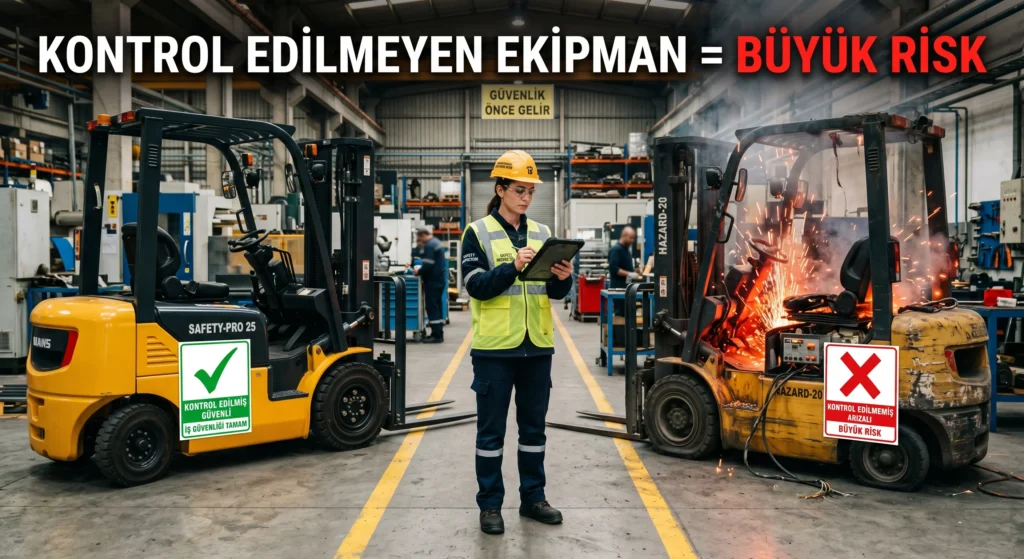 Fabrikada forklift ve vinç ekipmanlarını kontrol eden baretli mühendis