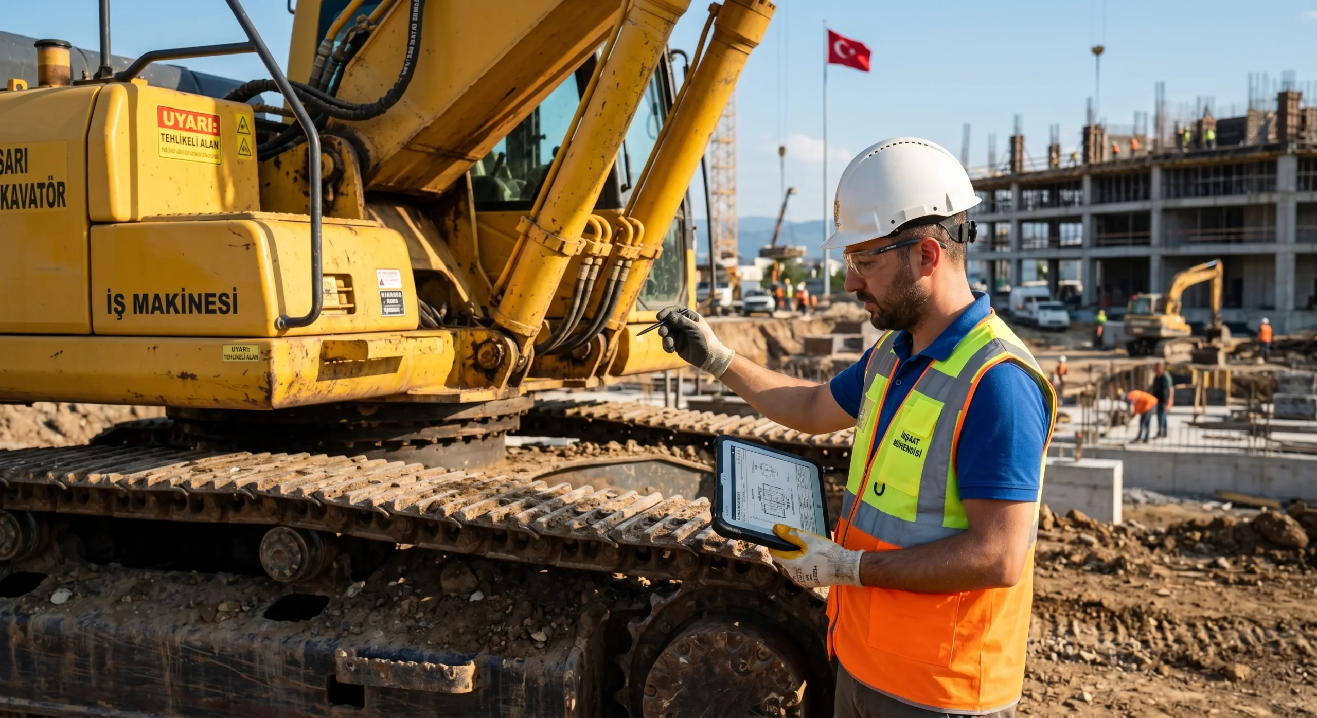 Şantiye sahasında uzman makine mühendisi tarafından yapılan ekskavatör iş makinası periyodik kontrolü ve güvenlik incelemesi